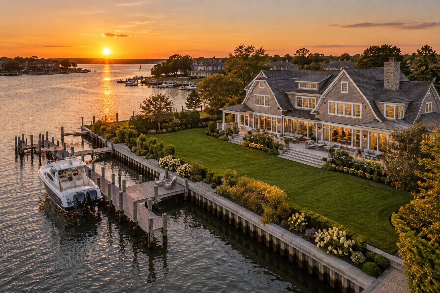 A luxury waterfront estate on the Jersey Shore at golden hour